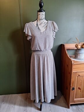 Midi Dress with Ruffle Sleeves in Light Brown